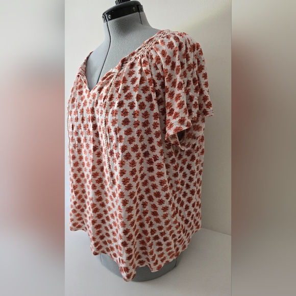 Lucky Brand 3X Orange Floral Peasant Blouse with Smocked Shoulders & Tie Neck - Picture 2 of 7